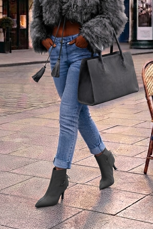 Women's charcoal gray back lace-up ankle boots with pointed toe and high slim heel - Worn view